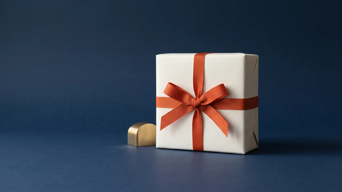 Gift box wrapped in off-white paper with an orange bow, the cover image for Happy Birthday Google